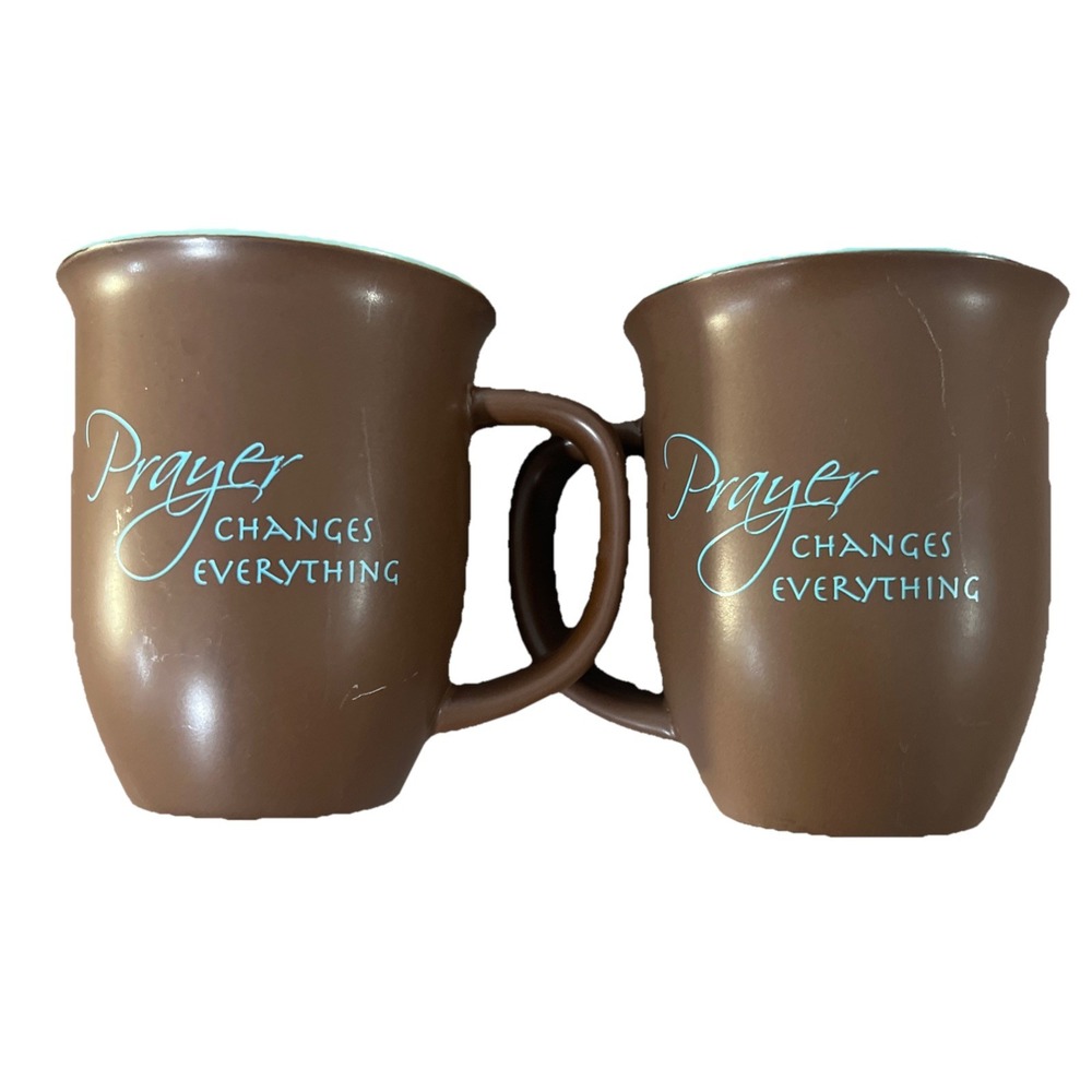 Abbey‎ Press Brown Teal "Prayer Changes Everything" Scripture 2 Coffee Mugs